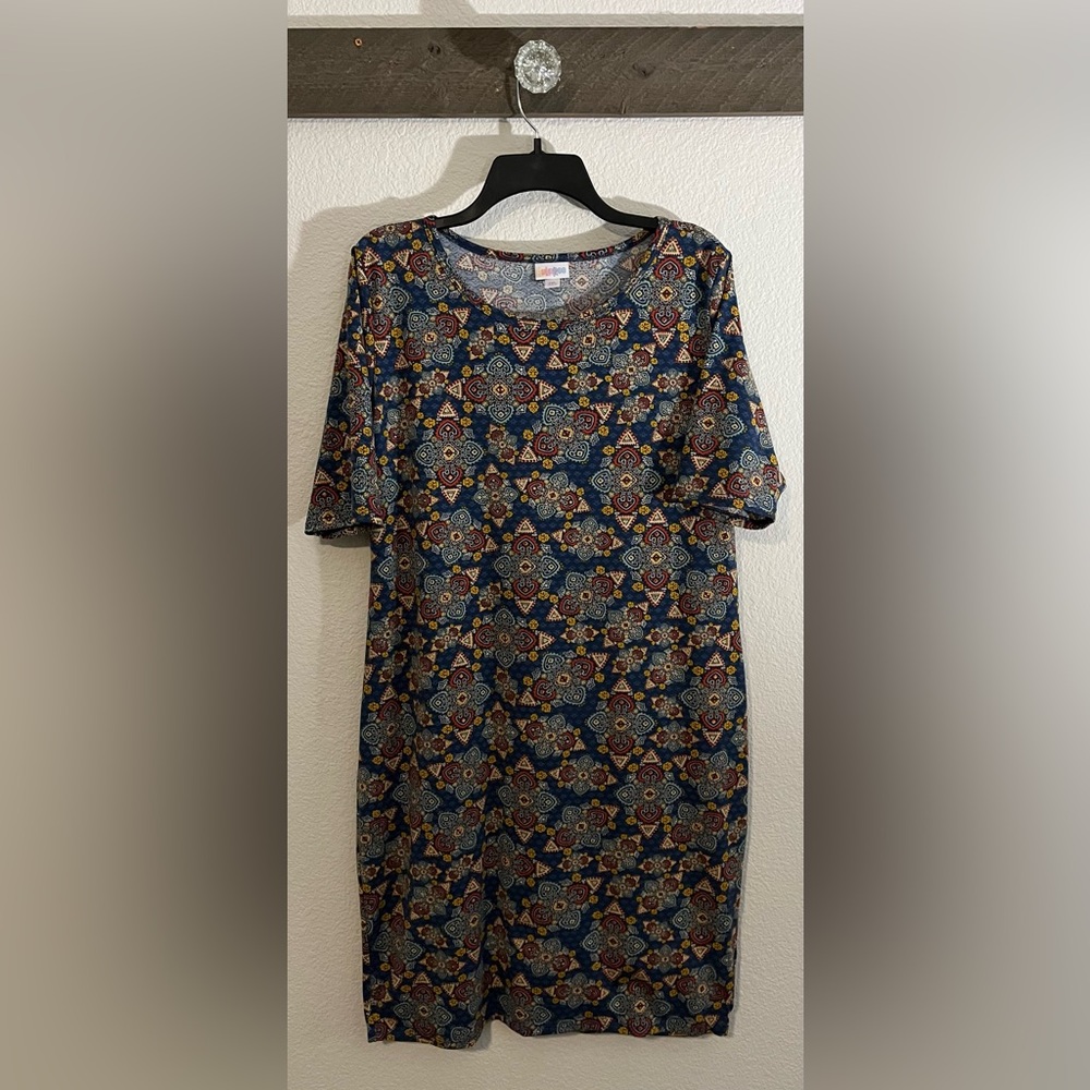 LuLaRoe Julia Midi Dress Blue With Gold/red Design 2XL (preowned)